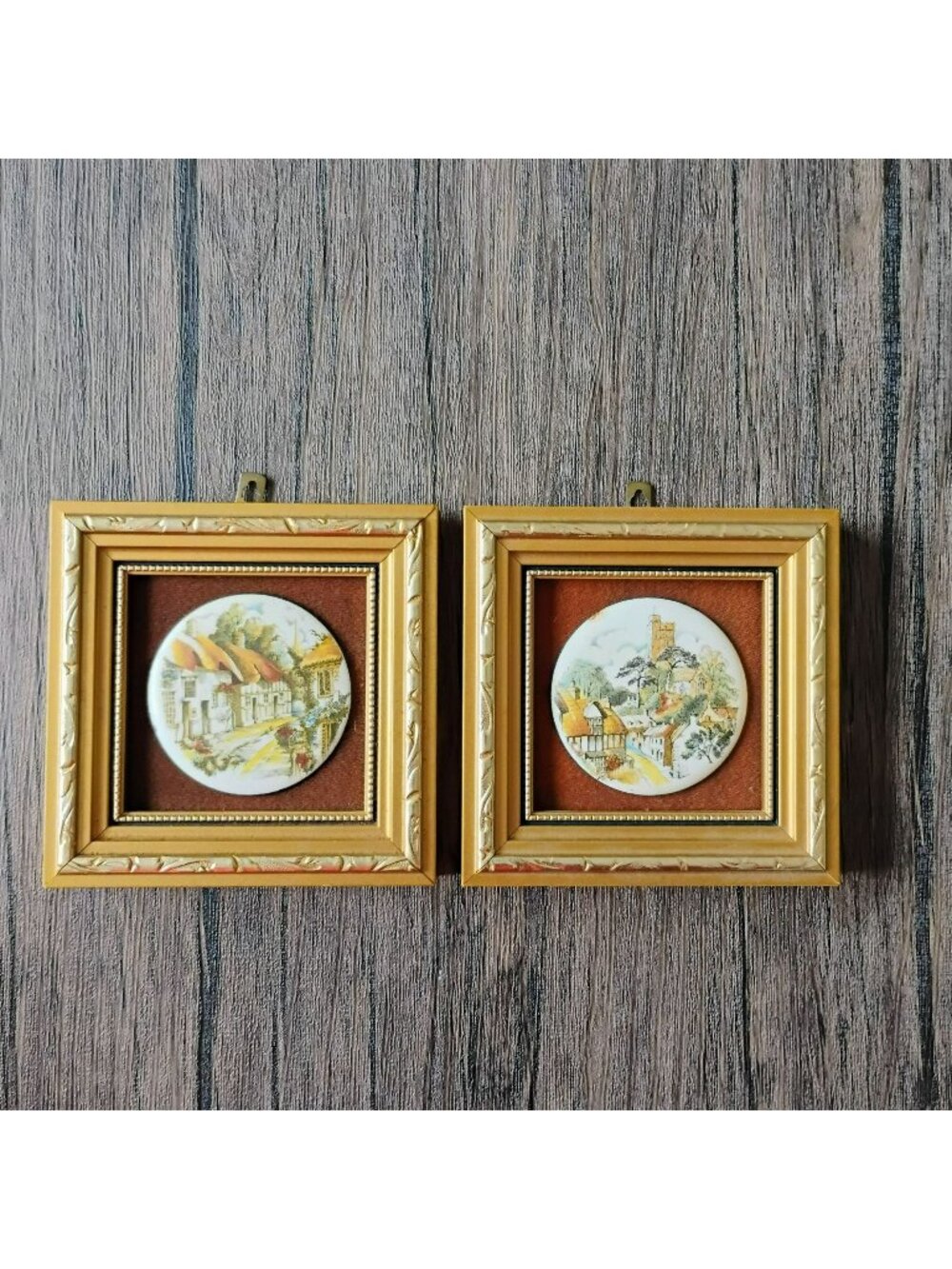 Vintage P.G. Collins Hand Made Enamel on Copper Plaque, Set of 2 English Cottage